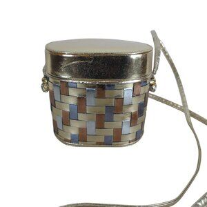 La Regale Vintage Gold Silver Gray Brown Metallic Crossbody Box Basket Weave Bag
